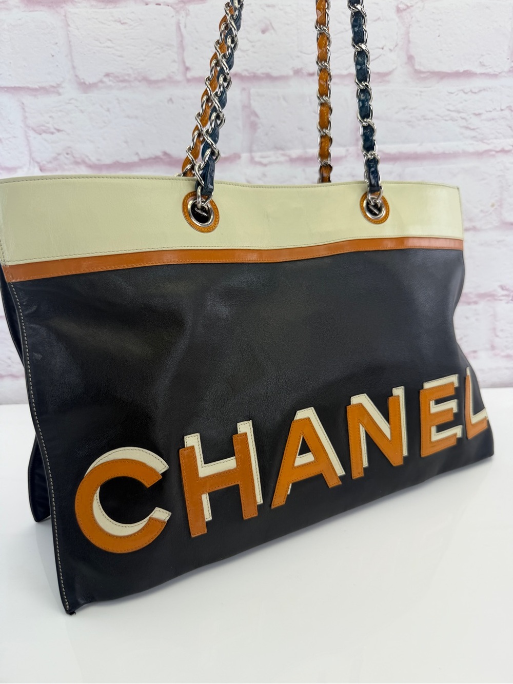 Chanel Vintage Black Orange Lambskin No. 5 Star Chain Tote Bag